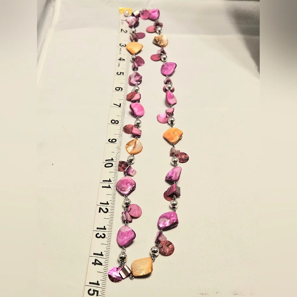 Pink and Orange Cha-Cha Beaded Necklace and Earrings Set, Mother of Pearl Shell